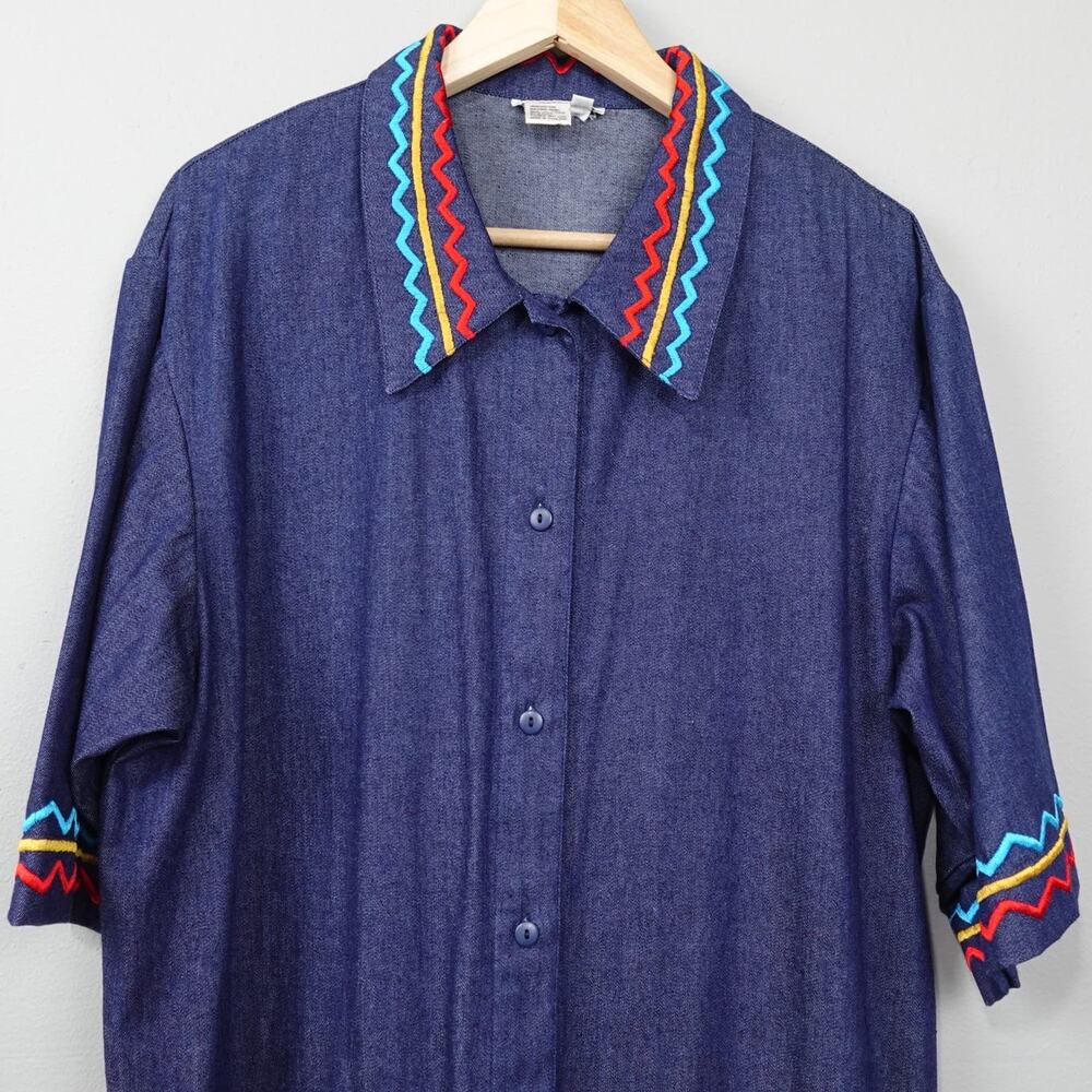 Vintage Southern Image Denim Drop Waist Dress Sz L Blue Embroidered Southwestern